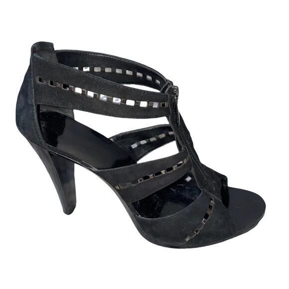 Michael Kors black Berkley Punch Women's Heels SZ 6.5 suede strappy open toe - Picture 1 of 8